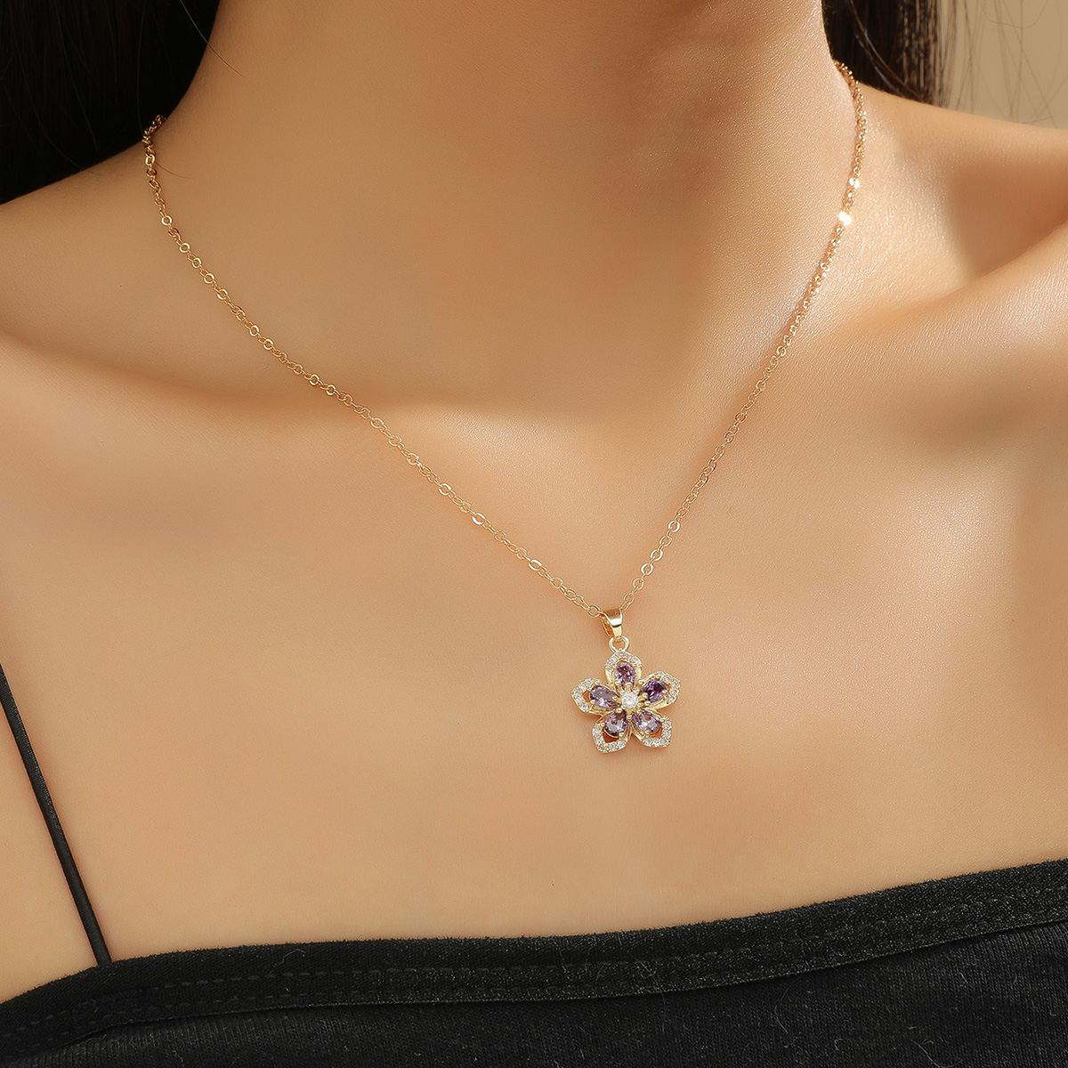 GCJ287 Purple Flower Gold Necklace-3